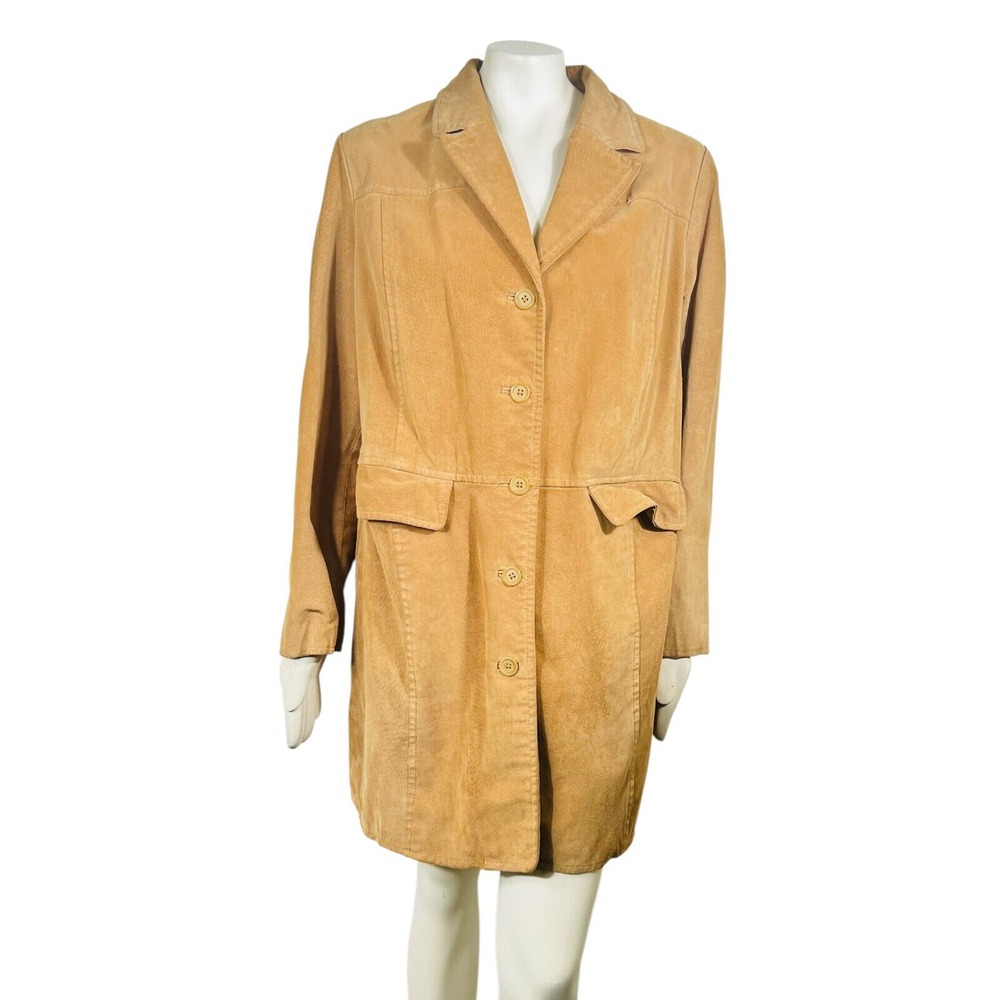 Vintage Y2K Style & Co‎ Tan Suede Leather Trench Coat Button Front Pockets 18W